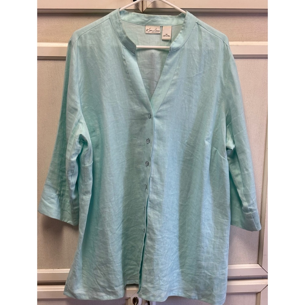 Kim Rogers Woman Linen Top Blouse 1X Button Front 3/4 Sleeve Aqua Blue